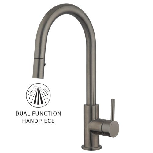 Voda Gooseneck Minimal Pullout Sink Mixer - Cold Start - Brushed Gunmetal (PVD)